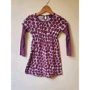 Mini Boden Girls Purple and Grey Flower Pattern Dress w/Striped Sleeves Sz 7-8Y